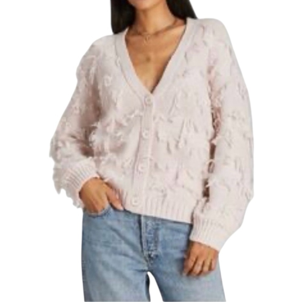 NWT 525 America Sweaters Fringe V Neck button front cream Cardigan Medium